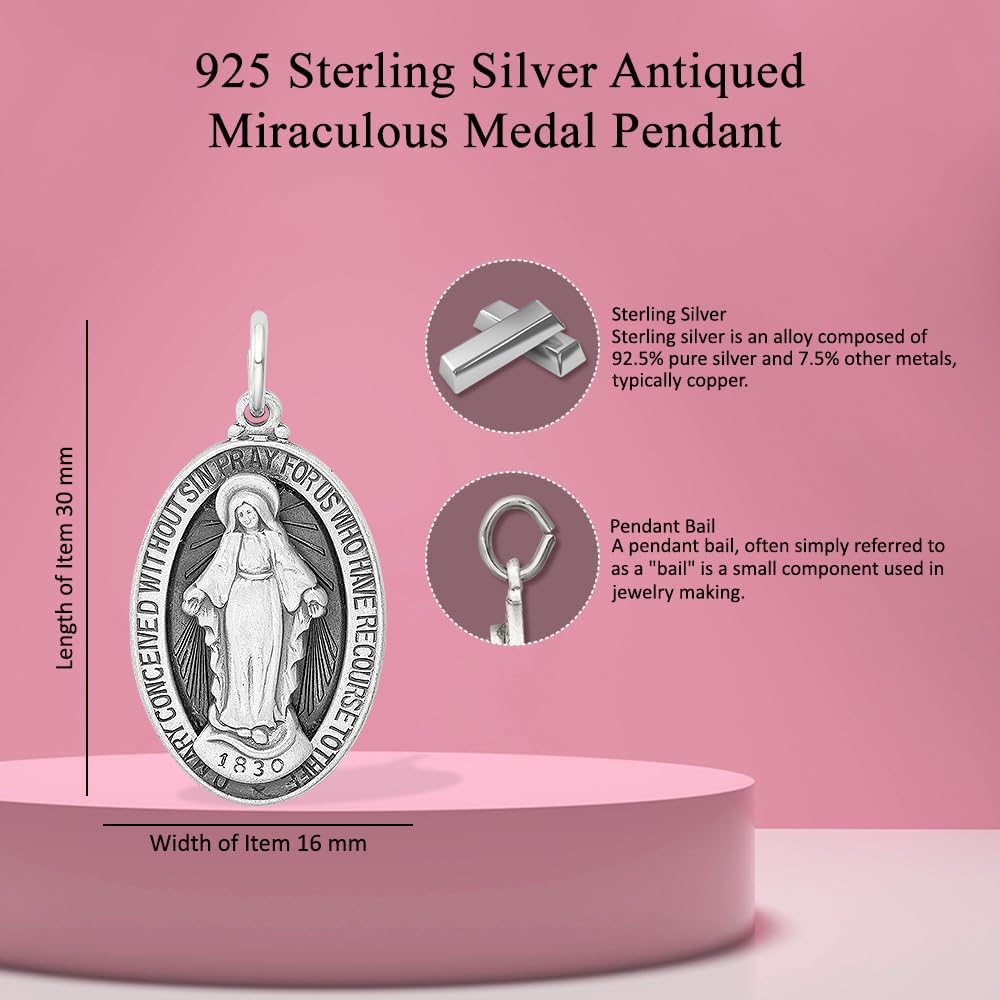 925 Sterling Silver Antiqued Miraculous Medal Pendant (L- 1.19 Inch, W- 0.63 Inch)