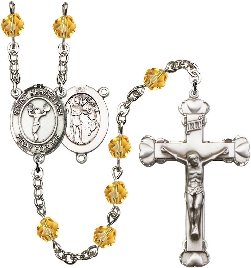 St. Sebastian/Cheerleading Silver-Plated Rosary 6mm November Yellow Fire Polished Beads Crucifix Size 1 5/8 x 1 medal charm