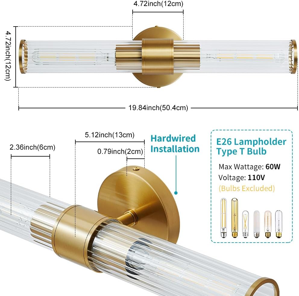 Gold Bathroom Light Fixtures 2 Pack, Hardwired Vanity Lights for Mirror with Threaded Glass Shade, 20 Inch Up and Down Wall Sconces for Bathroom Bedroom Living Room, Bulb Not Included