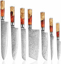 SENKEN 7-Piece Damascus Kitchen Knife Set - Tsunami Collection - 67-Layer Japanese VG10 Steel - Chef's Knife, Cleaver, Santoku, Bread, Boning, & More (Red Resin Blend)