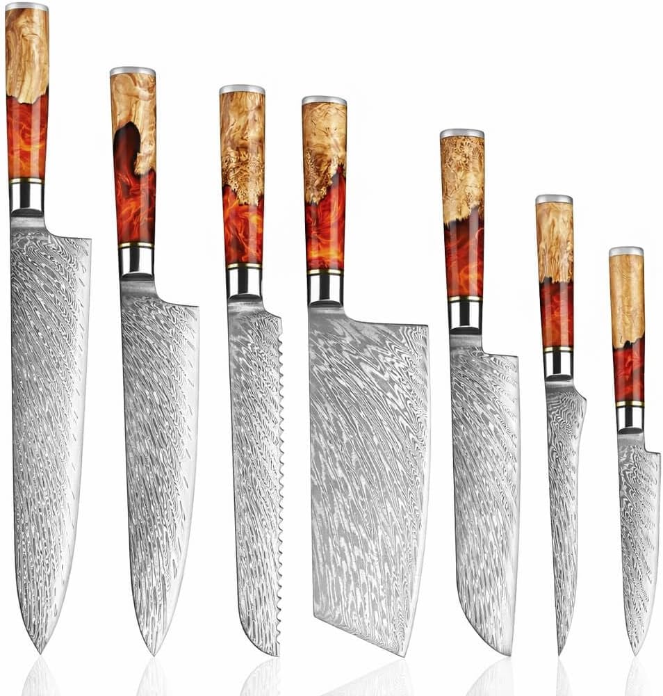 SENKEN 7-Piece Damascus Kitchen Knife Set - Tsunami Collection - 67-Layer Japanese VG10 Steel - Chef's Knife, Cleaver, Santoku, Bread, Boning, & More (Red Resin Blend)