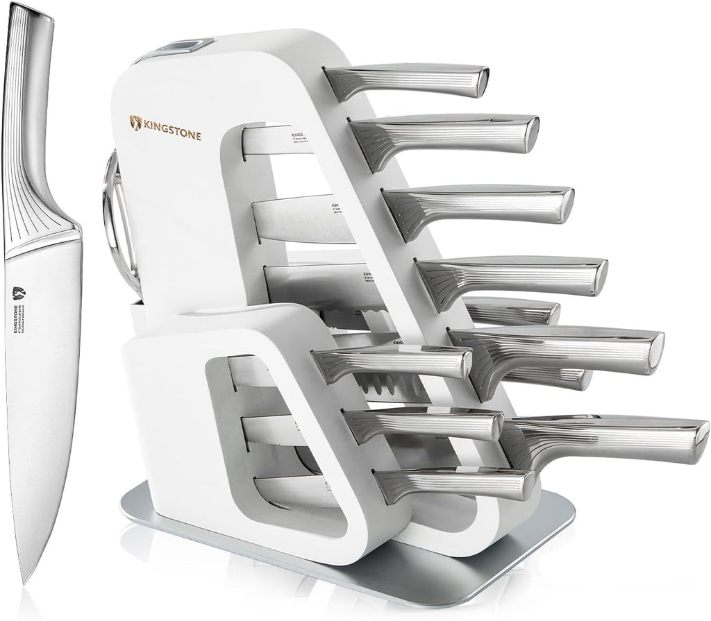 KINGSTONE Kitchen Knife Set with Block,14 Pcs German Stainless Steel Knife Set with Built-in Sharpener, Dishwasher Safe Knife Block Set (White, 14pcs)