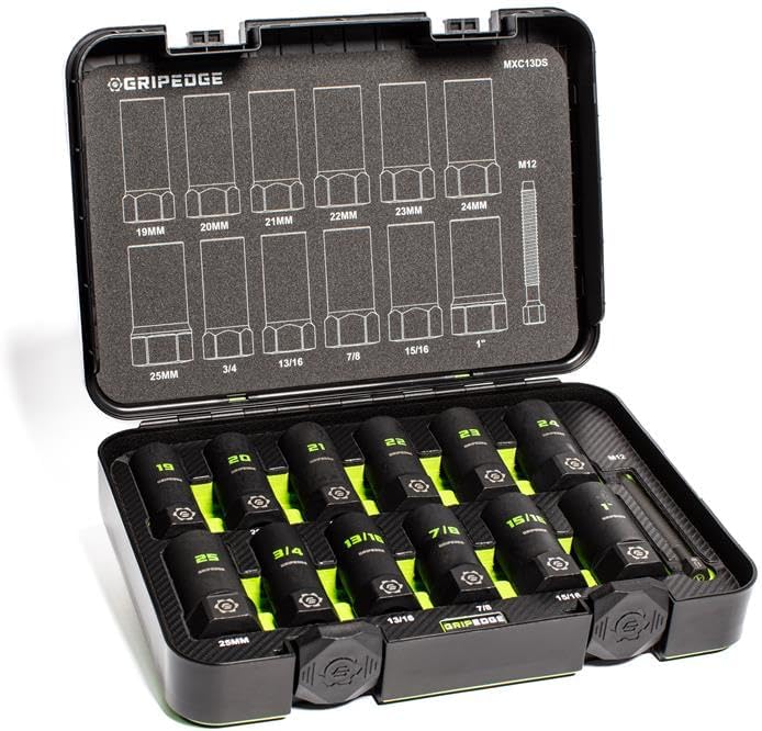 GripEdge | 13-PC 1/2' Drive Deep Metric & SAE Master Socket Extractor Set| Includes sizes - 19-25mm & 3/4-1' | Includes Premium Plastic Case With Foam Insert |