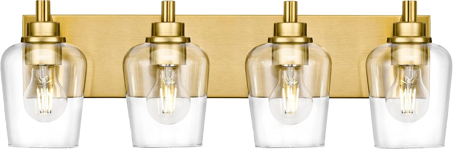 Bathroom Light Fixtures, 4-Light Modern Vanity Light with Clear Glass Wine Glass-Shaped Shade, Vanity Lighting Fixtures Over Mirror, Brushed Gold, VL155-BG-4