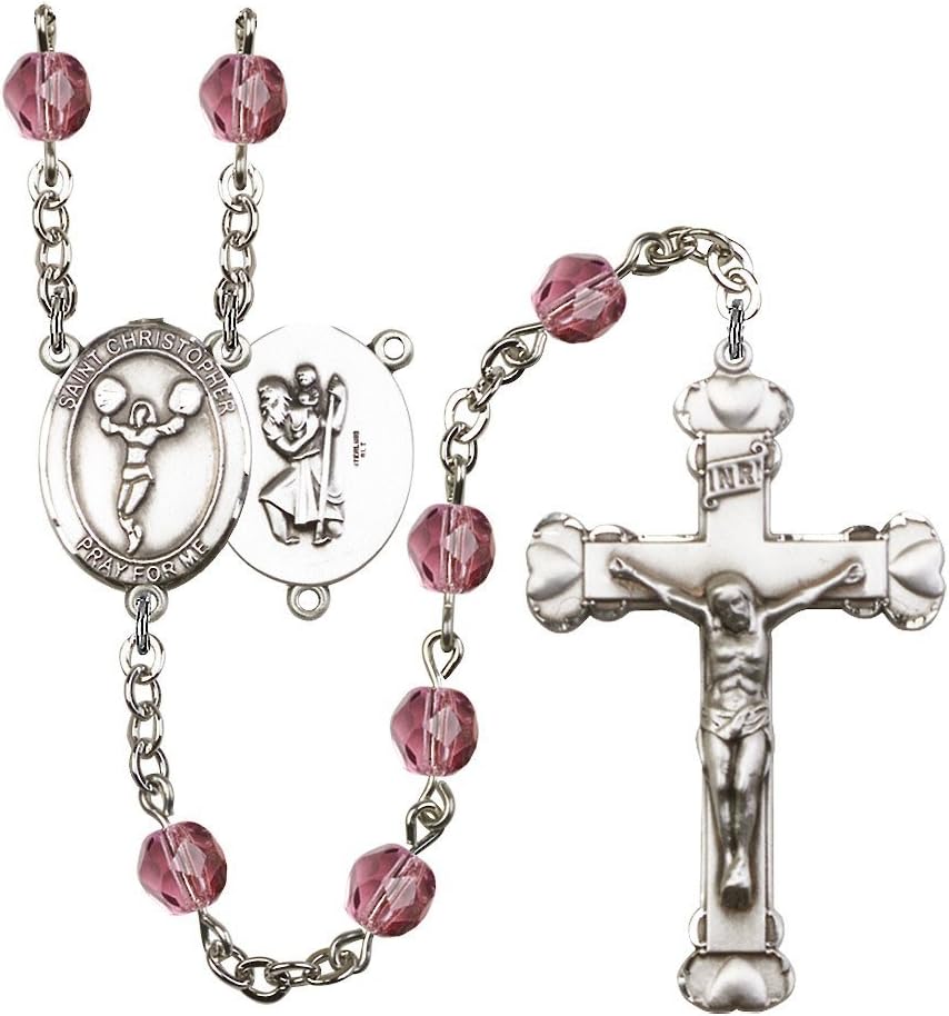 Bonyak Jewelry St. Christopher/Cheerleading Silver-Plated Rosary - Every Birth Month Color and More