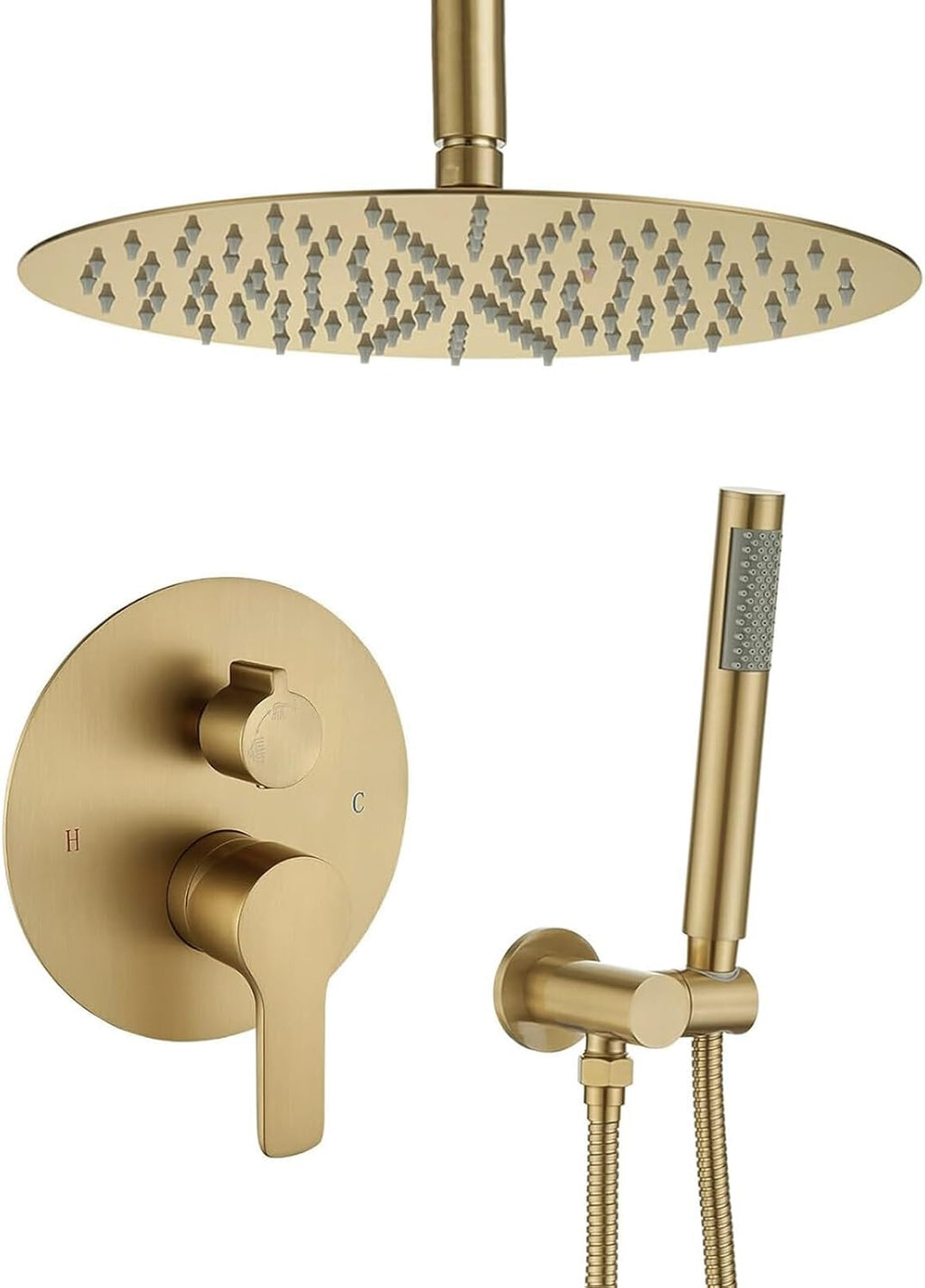 Iriber Brushed Gold Ceiling Mount Round Rain Shower System with 12 Inch Shower Head and Handheld Bathroom Golden Shower Set Contain Shower Faucet Mixer Trim Kit (Valve Included)