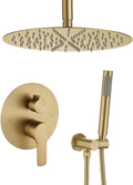 Iriber Brushed Gold Ceiling Mount Round Rain Shower System with 12 Inch Shower Head and Handheld Bathroom Golden Shower Set Contain Shower Faucet Mixer Trim Kit (Valve Included)