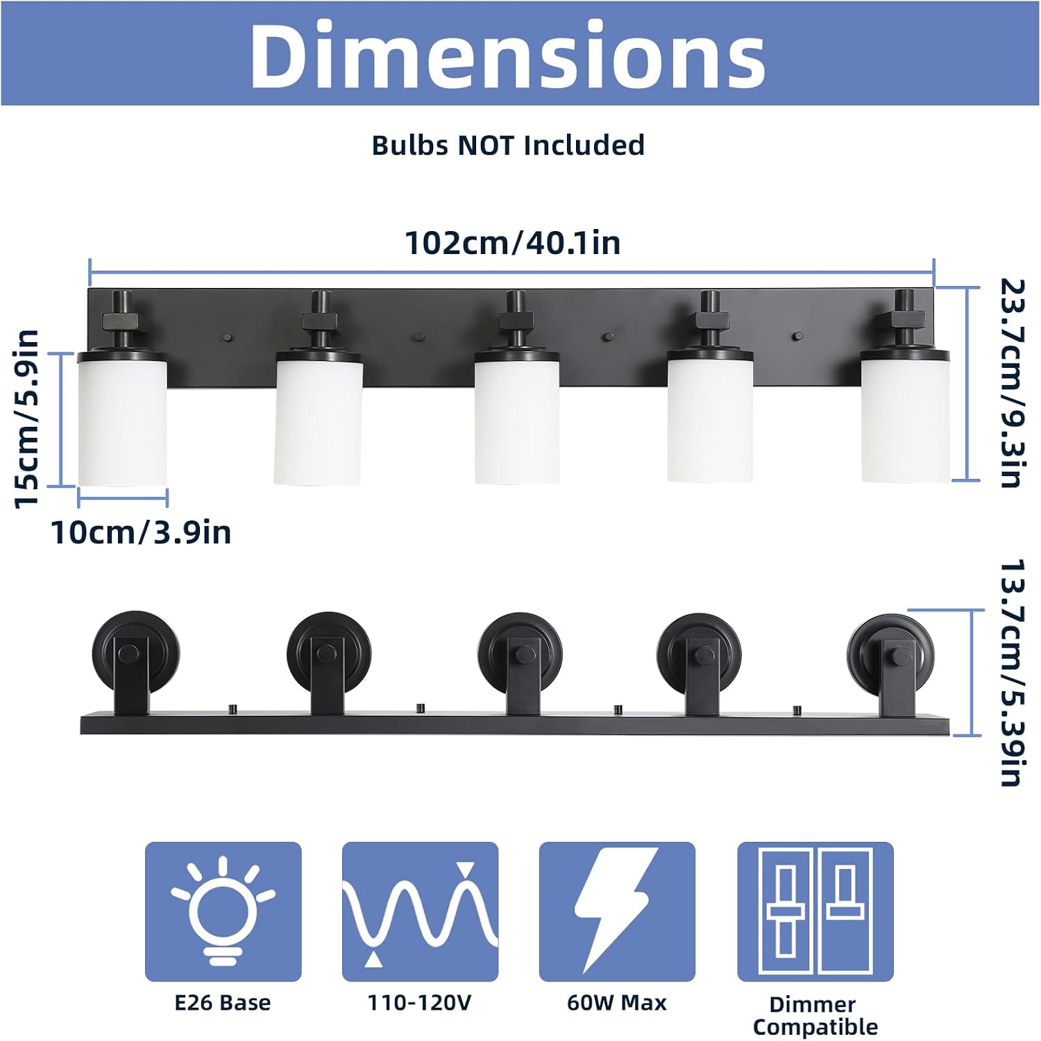 LOUSACE Bathroom Light Fixtures Over Mirror, 5 Light Vanity Lights Matte Black, Modern Bathroom Lighting with Opal White Glass Shades, Wall Sconces Fixture Vanity Lighting for Bedroom Living Room