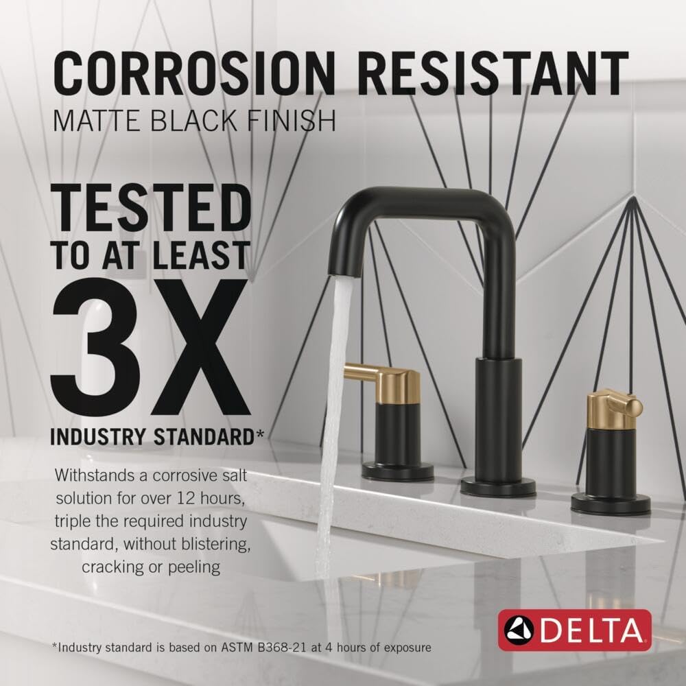 Delta Nicoli Matte Black/ Brushed Gold Faucet 3 Hole, 8 Inch Widespread Bathroom Sink Faucet for Vanity, Push-Pop Drain Assembly, Matte Black/ Champagne Bronze 35849LF-GZ