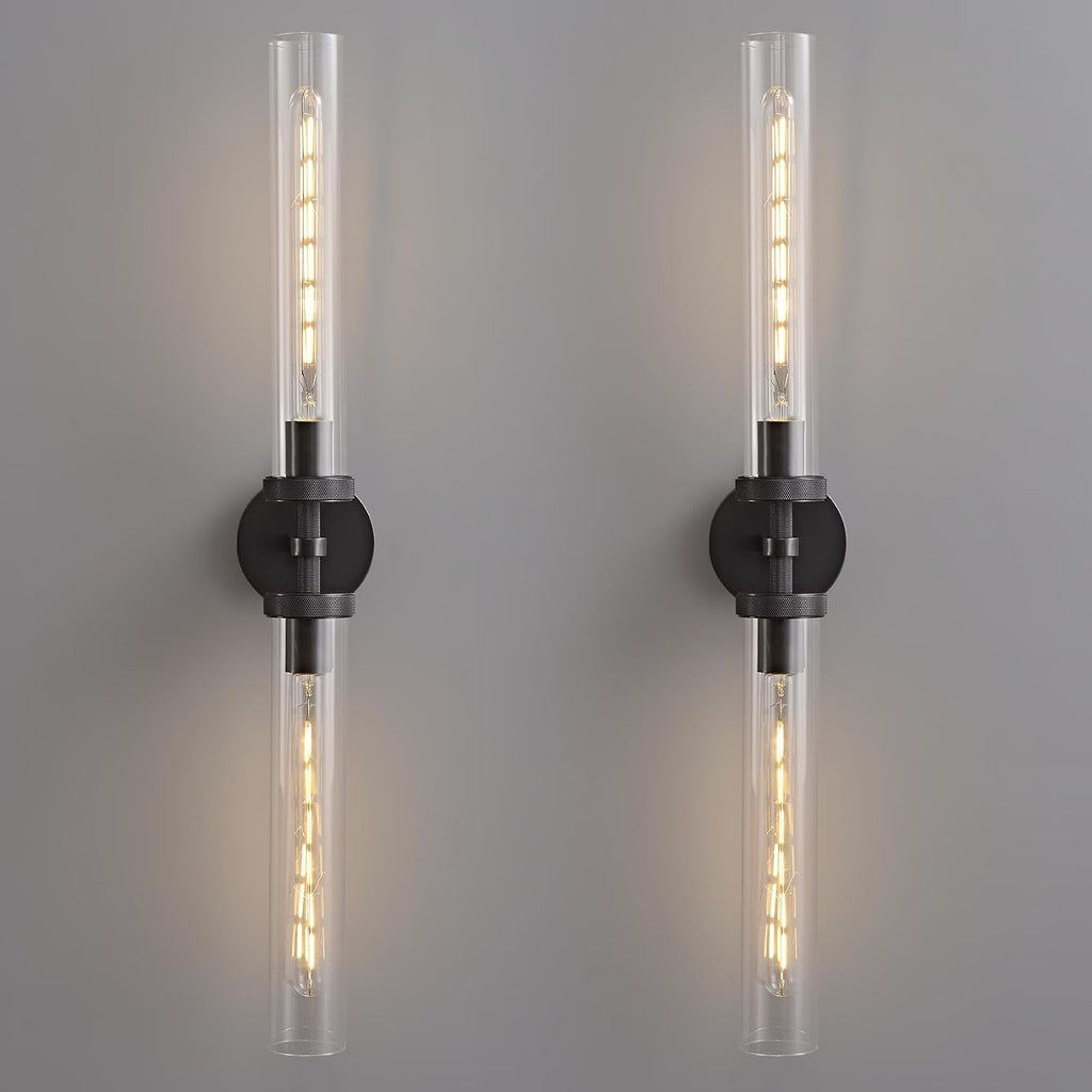 Bathroom Sconces Set of Two, 30 inch Black Wall Sconce with Tube Glass, Modern Vanity Sconces Lights for Bathroom,Bedroom,Living Room,Hallway, Staircase(E26 Bulb Include)