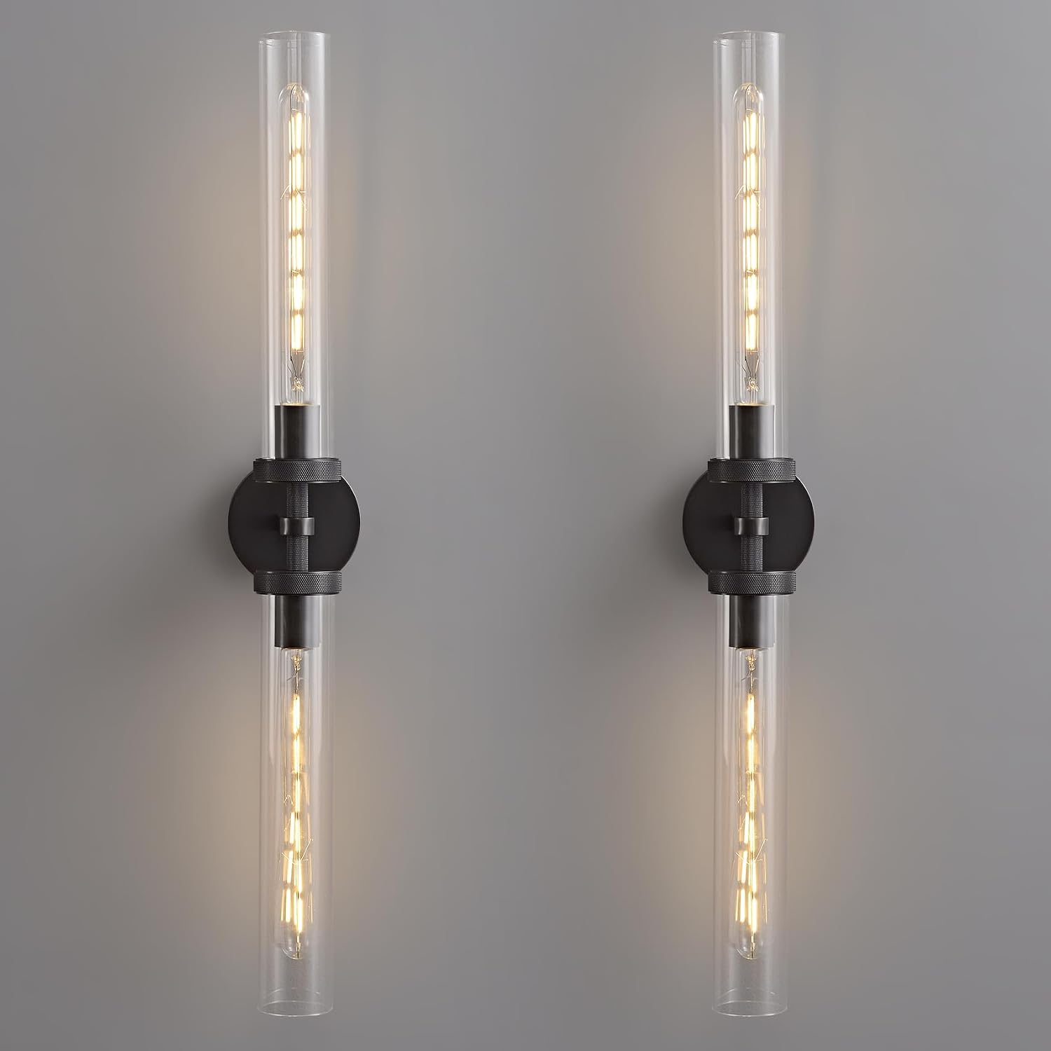 Bathroom Sconces Set of Two, 30 inch Black Wall Sconce with Tube Glass, Modern Vanity Sconces Lights for Bathroom,Bedroom,Living Room,Hallway, Staircase(E26 Bulb Include)