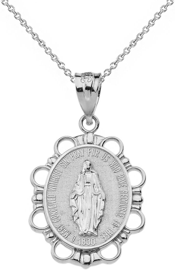 Religious Jewelry 10k White Gold Miraculous Medal Of Blessed Virgin Mary Pendant Necklace (Small)