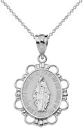 Religious Jewelry 10k White Gold Miraculous Medal Of Blessed Virgin Mary Pendant Necklace (Small)