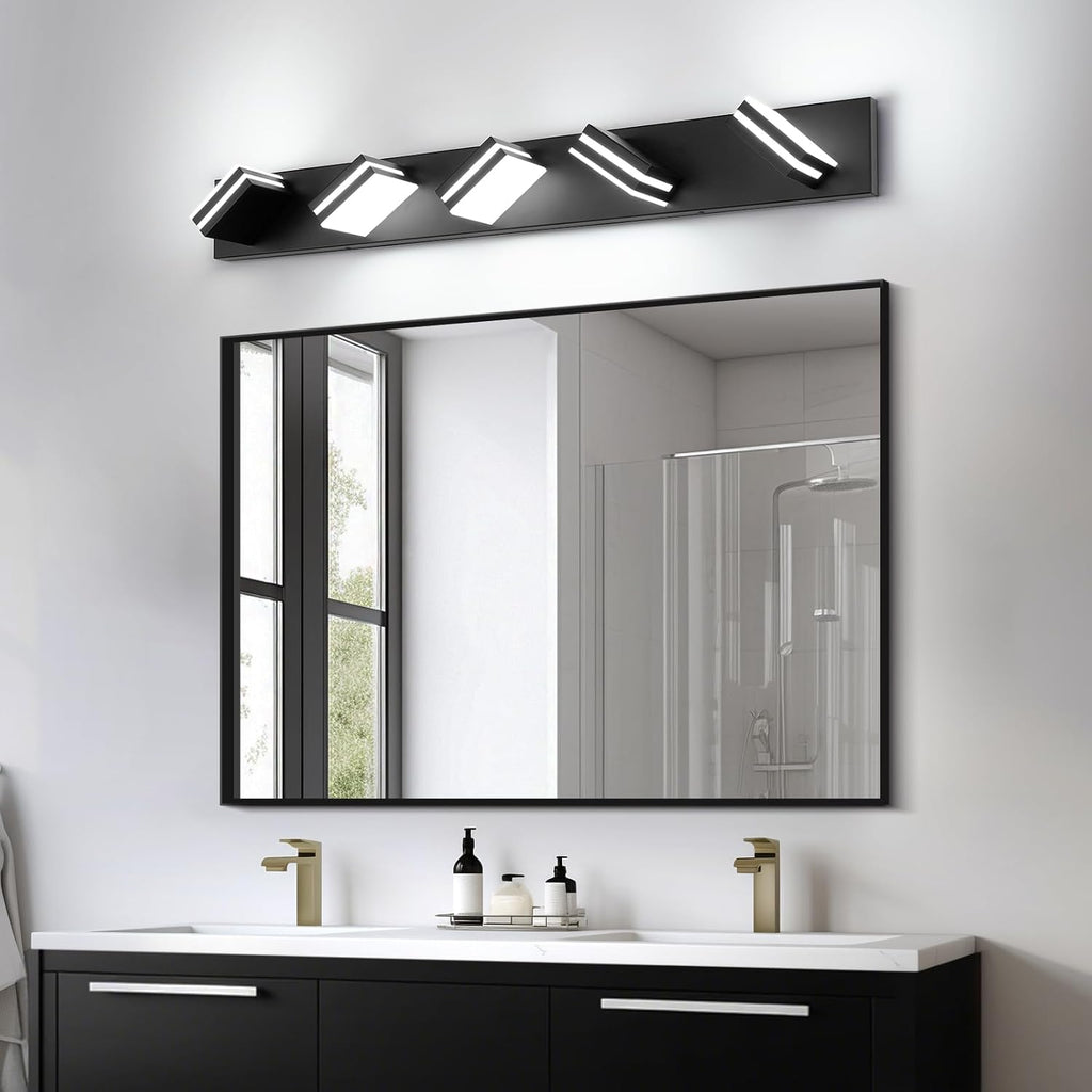 OKELI 5 Light Bathroom Vanity Light Matte Black Modern 36W LED Dimmable Vanity Light Over Mirror 350° Adjustable Lamp Head Cold White 6000K ETL Listed 36.2Inch