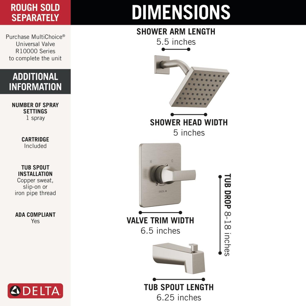 Delta Faucet Velum 14 Series Single-Function Brushed Nickel Tub and Shower Faucet Set, Valve Trim Kit, Shower Handle, Delta Shower Trim Kit, Shower Set, Stainless T14437-SS (Valve Not Included)