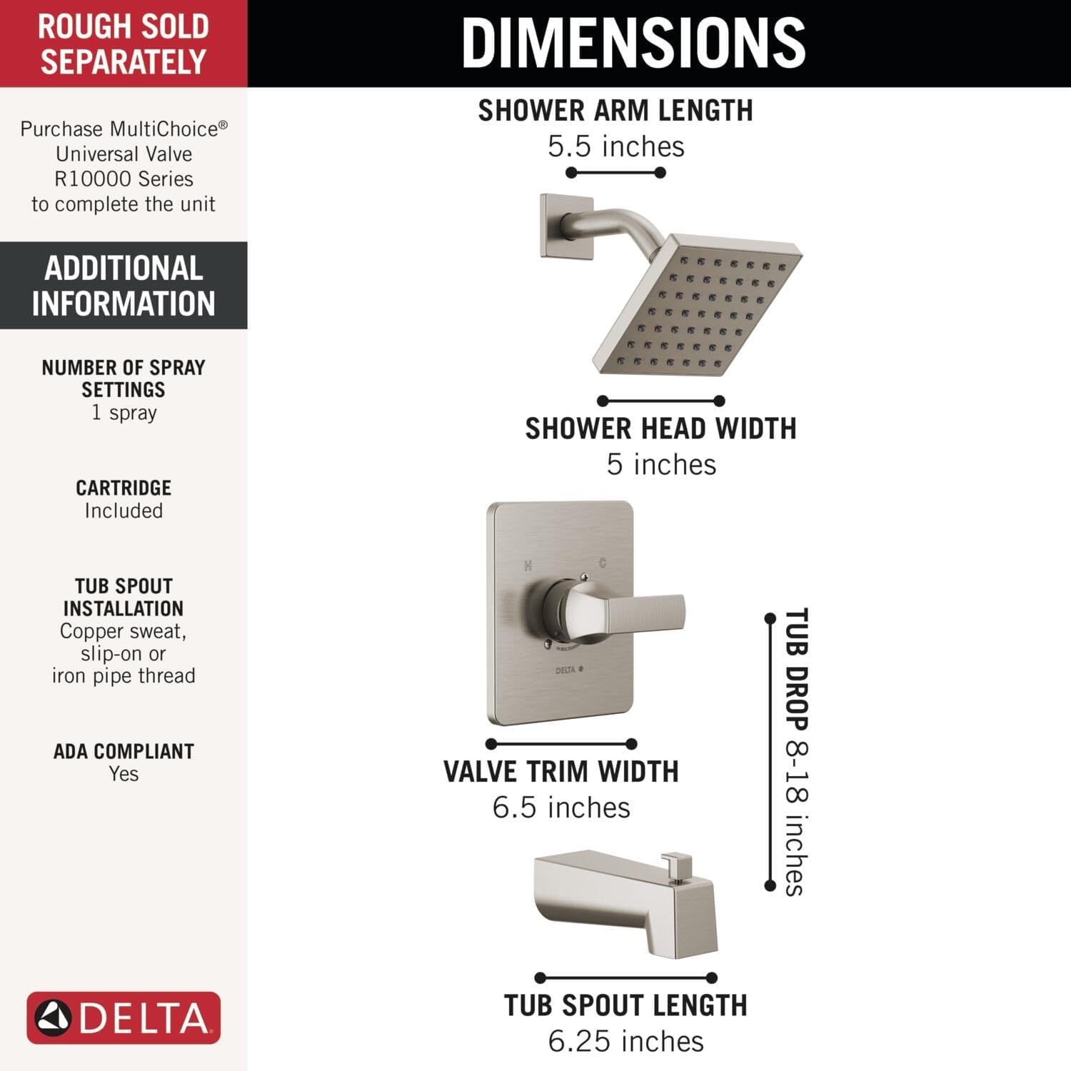 Delta Faucet Velum 14 Series Single-Function Brushed Nickel Tub and Shower Faucet Set, Valve Trim Kit, Shower Handle, Delta Shower Trim Kit, Shower Set, Stainless T14437-SS (Valve Not Included)