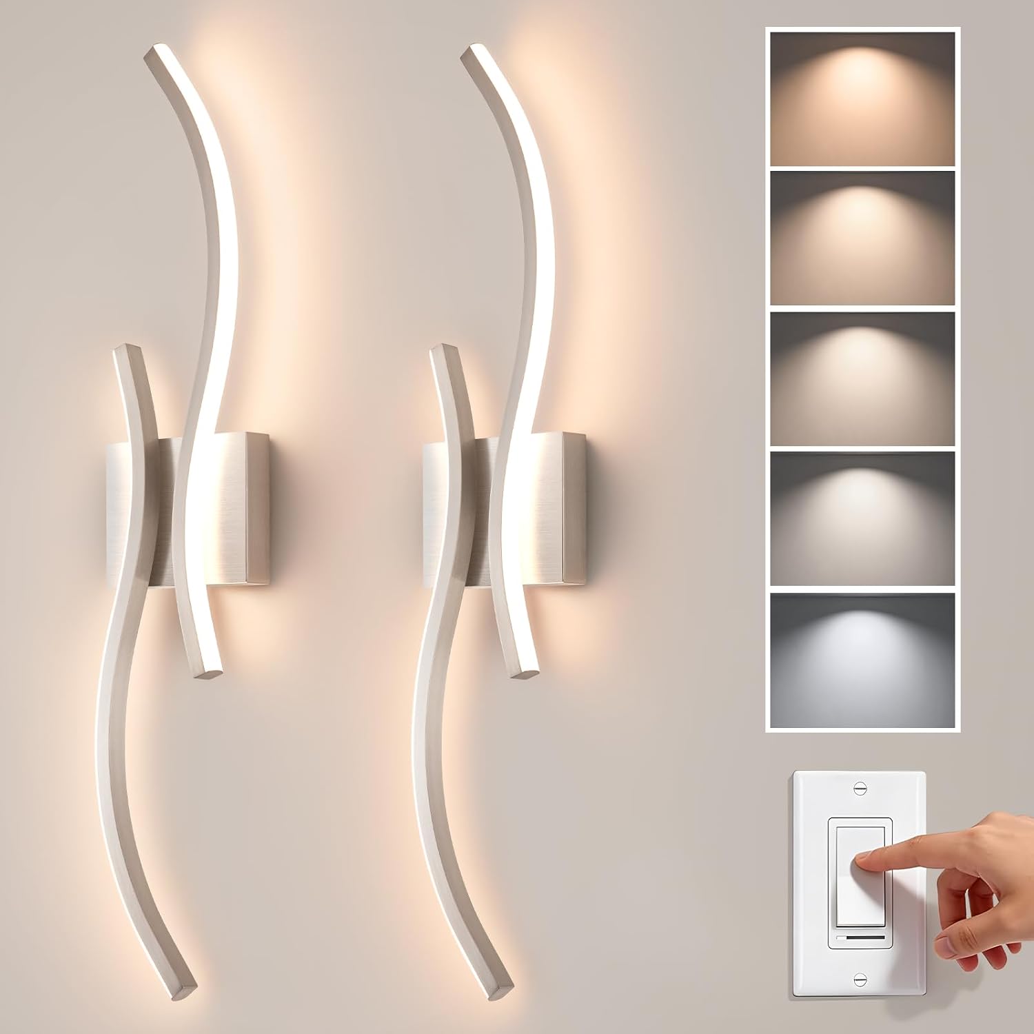 CANEOE Modern Wall Sconces Set of 2,5CCT Wall Lights(Brushed Nickel,31.5in) | Brushed Nickel Wall Sconce with Night Light Mode, ETL Listed, 1600LM, Vertical or Horizontal Mounting