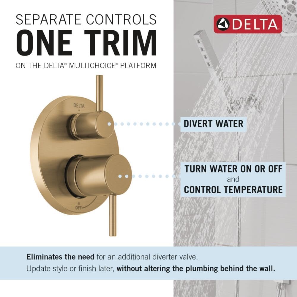 Delta Modern 14 Series Round Rain Shower System Faucet Set, Rainfall Brushed Gold Shower Head and Handle Set, Valve Trim Kit, 10 Inch, Champagne Bronze T342702-CZ (Valve Not Included)
