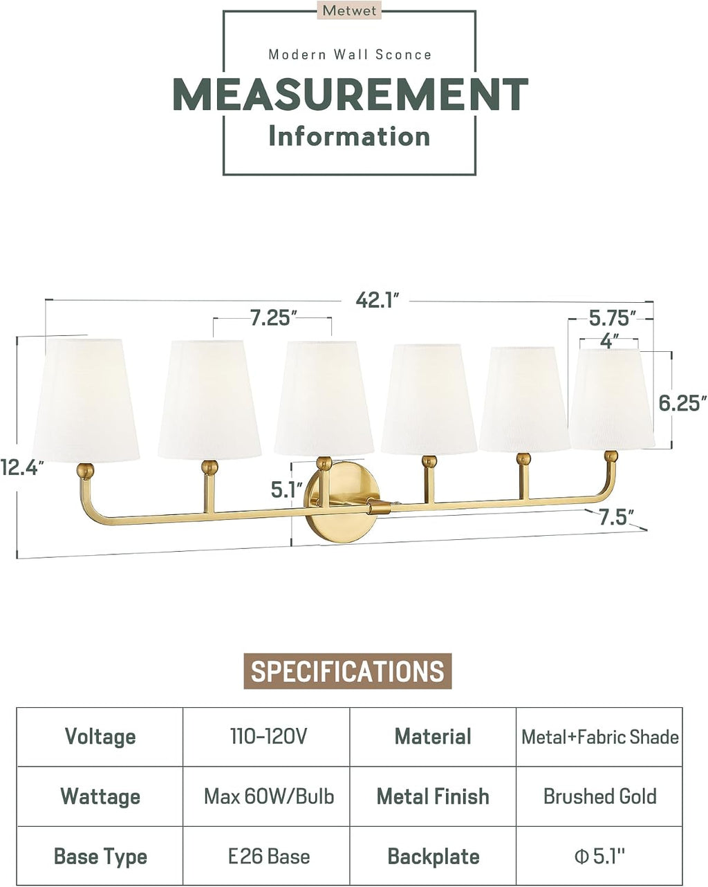 Bathroom Light Fixtures, 42 Inch Brushed Gold Vanity Lights with Flared White Fabric Shade, 6-Light Wall Sconce, Modern Sconces Wall Lighting for Hallway Bedroom, VL837-BG-6
