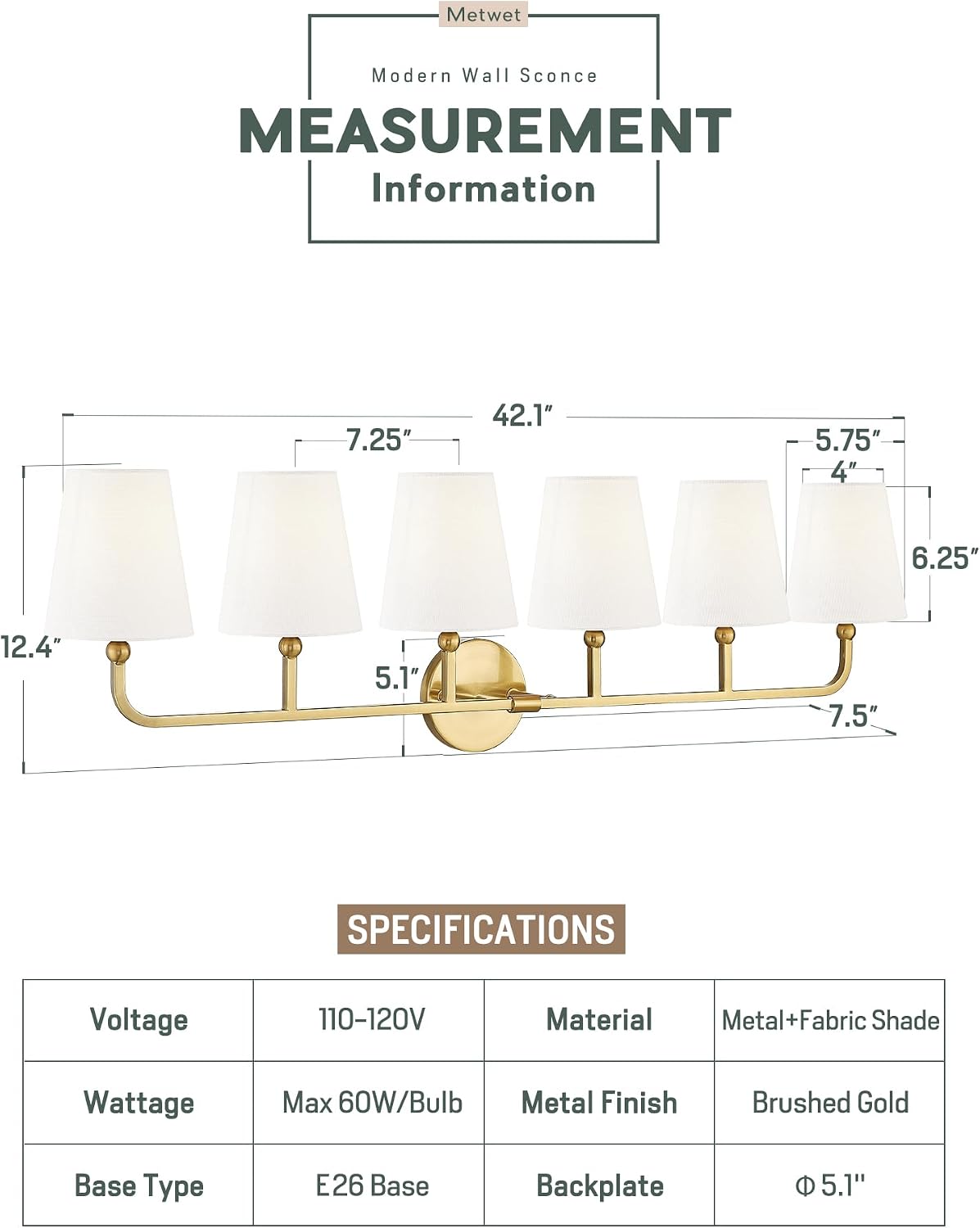 Bathroom Light Fixtures, 42 Inch Brushed Gold Vanity Lights with Flared White Fabric Shade, 6-Light Wall Sconce, Modern Sconces Wall Lighting for Hallway Bedroom, VL837-BG-6