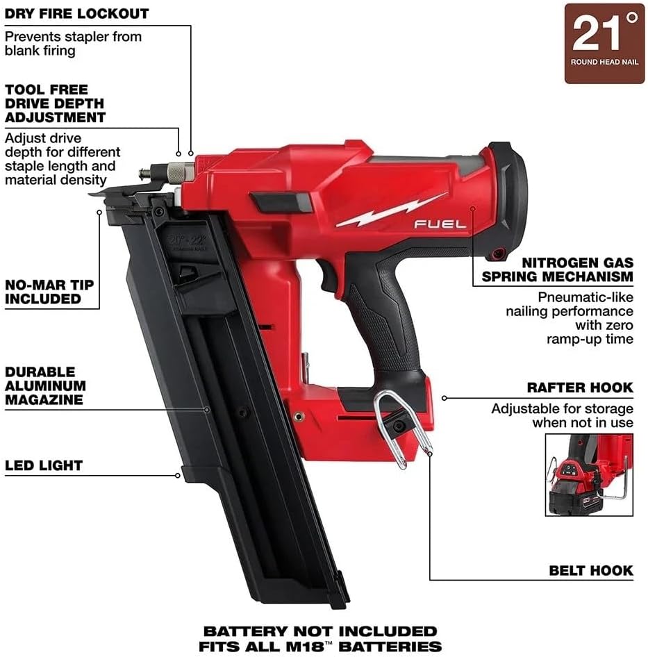 2744-20 Cordless Brushless Framing Gun for Milwaukee M18 18V FUEL 21-Degree Framing Nailer - Bare Tool