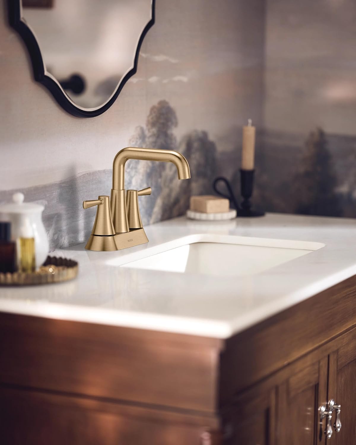 Moen Ronan Bronzed Gold Two-Handle 4 in. Centerset Modern Double Bend Bathroom Faucet with Push-Down Drain, 84025BZG