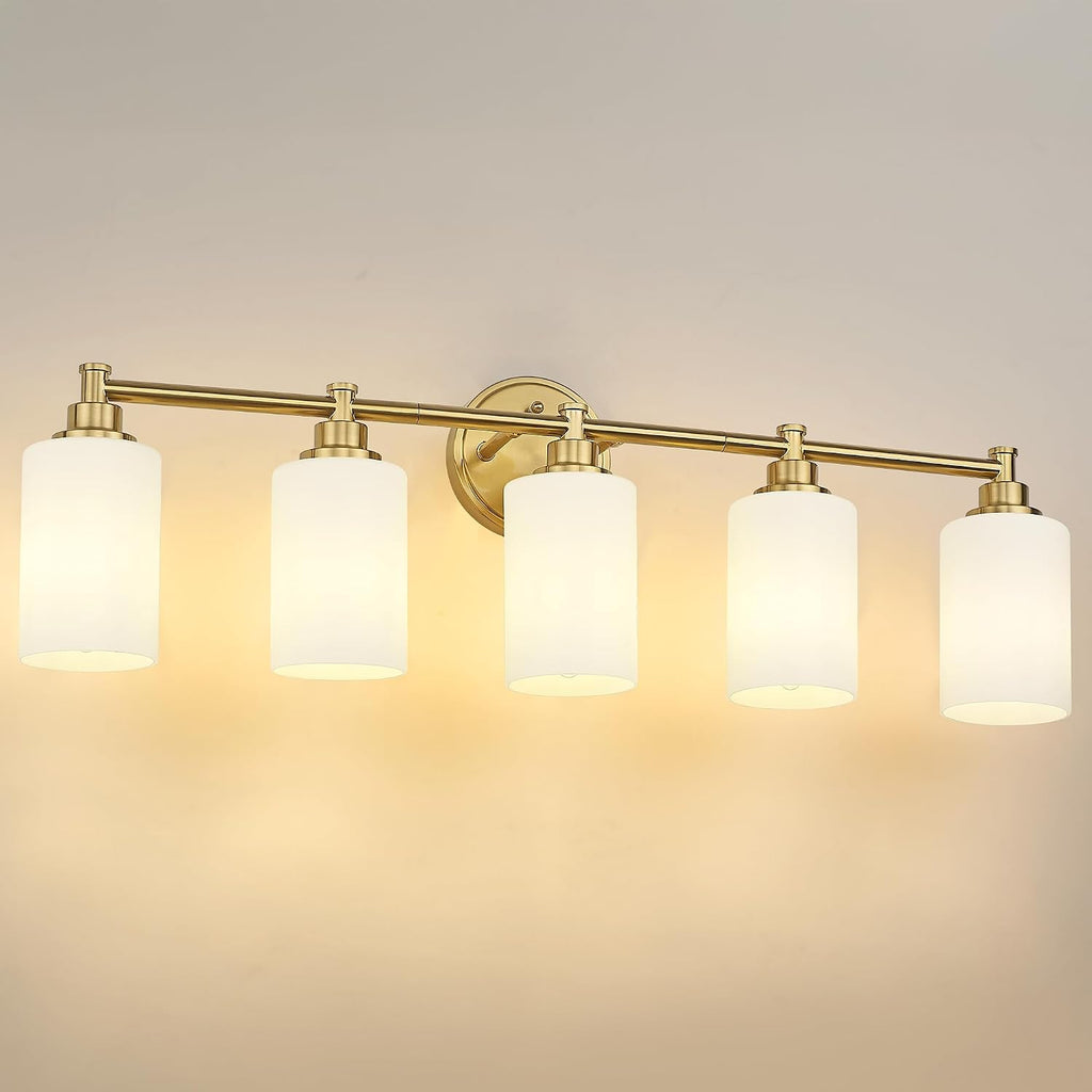 FEMILA 5 Light Bathroom Light Fixture Over Mirror, 32' Brushed Gold Vanity Light, Bathroom Vanity Light with Milk White Glass, 4FYC56B-5W BG-MG