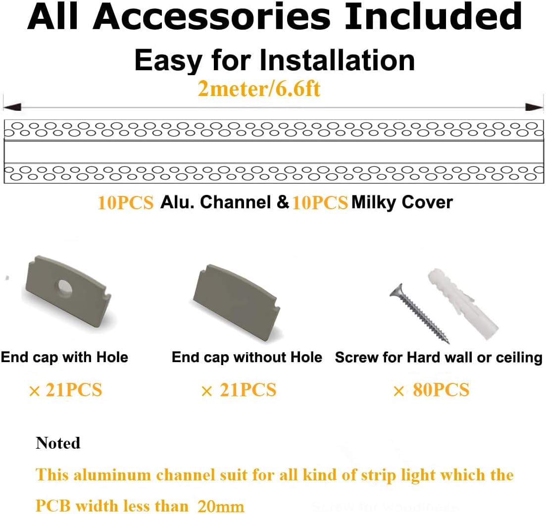 10Pack 6.6FT/2 Meter Plaster in LED Channel,Drywall LED Strip Light Channel,Trimless Recessed Mud in LED Channel for 20mm Width LED Strip