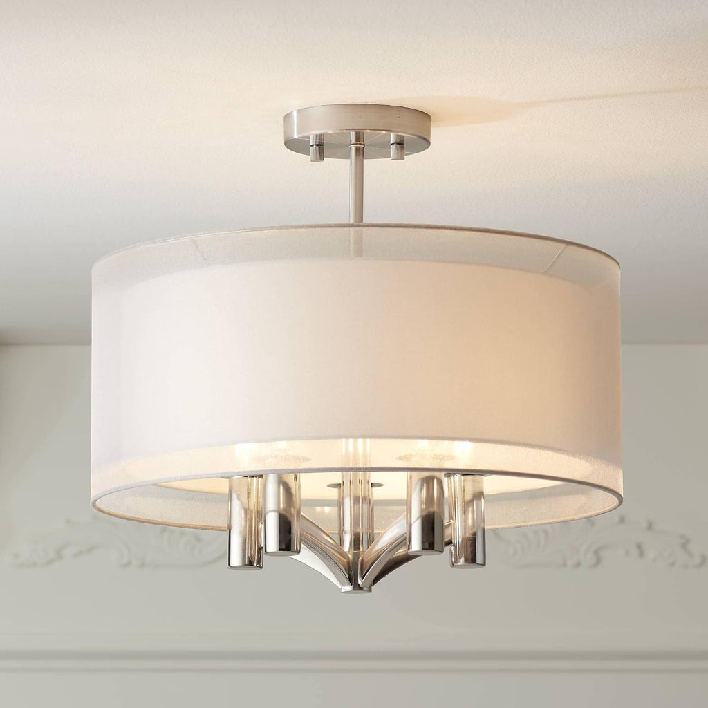 Possini Euro Design Caliari Modern Ceiling Light Semi Flush Mount Fixture Brushed Nickel 18' Wide 5-Light Sheer Silver White Linen Double Drum Shade for Bedroom Kitchen Living Room Hallway Bathroom