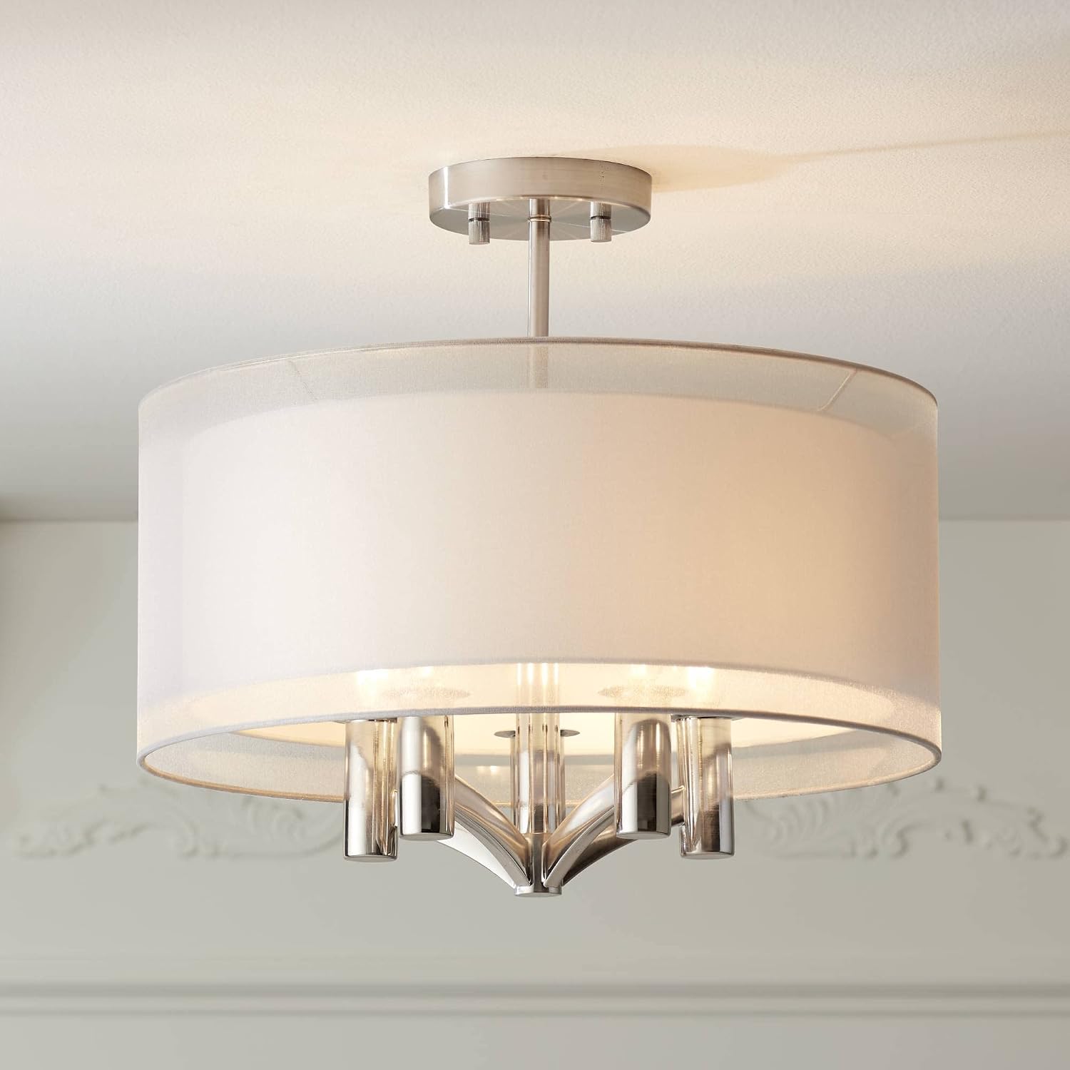 Possini Euro Design Caliari Modern Ceiling Light Semi Flush Mount Fixture Brushed Nickel 18' Wide 5-Light Sheer Silver White Linen Double Drum Shade for Bedroom Kitchen Living Room Hallway Bathroom