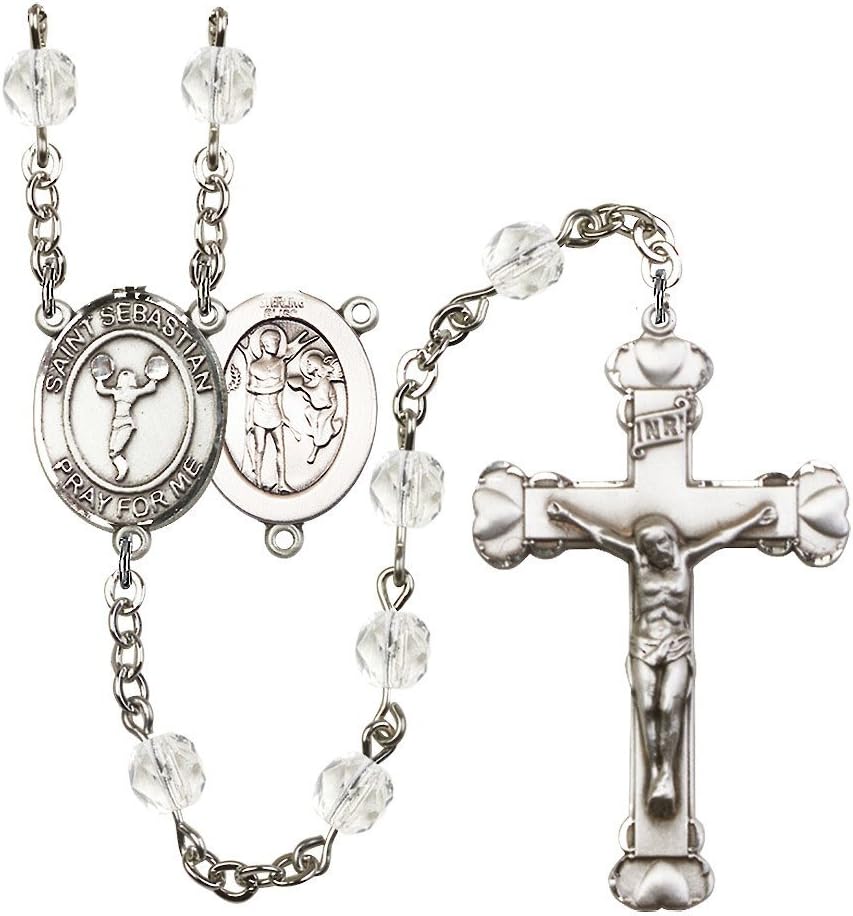 St. Sebastian/Cheerleading Silver-Plated Rosary 6mm April Crystal Fire Polished Beads Crucifix Size 1 5/8 x 1 medal charm