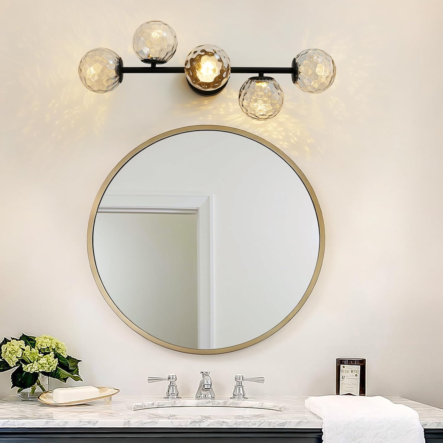 Black LED Bathroom Vanity Light: 5-Light Hammered Clear Glass Globe Bathroom Vanity Lights Fixture over Mirror - Mid Century Modern Dimmable Matte Black Bath Room Makeup Fireplace Wall Sconce Lighting