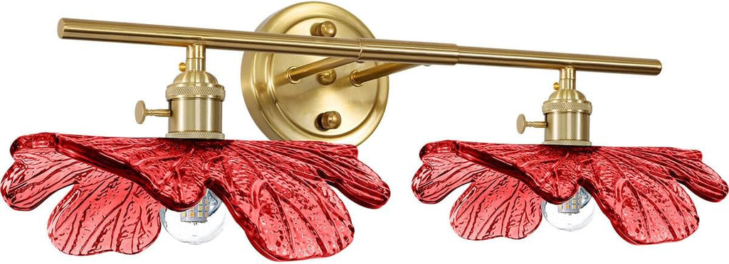 2-Light Red Floral Wall Sconce Mid Century Antique Gold Bathroom Vanity Light with Metal Base, Wall Lighting Fixture Over Mirror for Living Room Bedroom Hallway