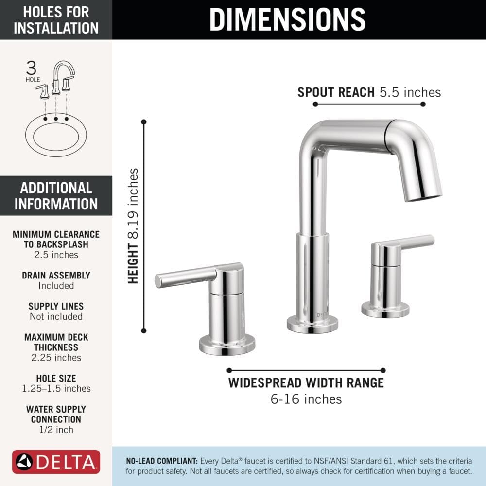 Delta Nicoli Chrome Bathroom Faucet with Sprayer, 8 Inch 3 Hole Widespread Bathroom Sink Faucet with Pull Out Sprayer, Push-Pop Drain, Chrome 35849LF-PD