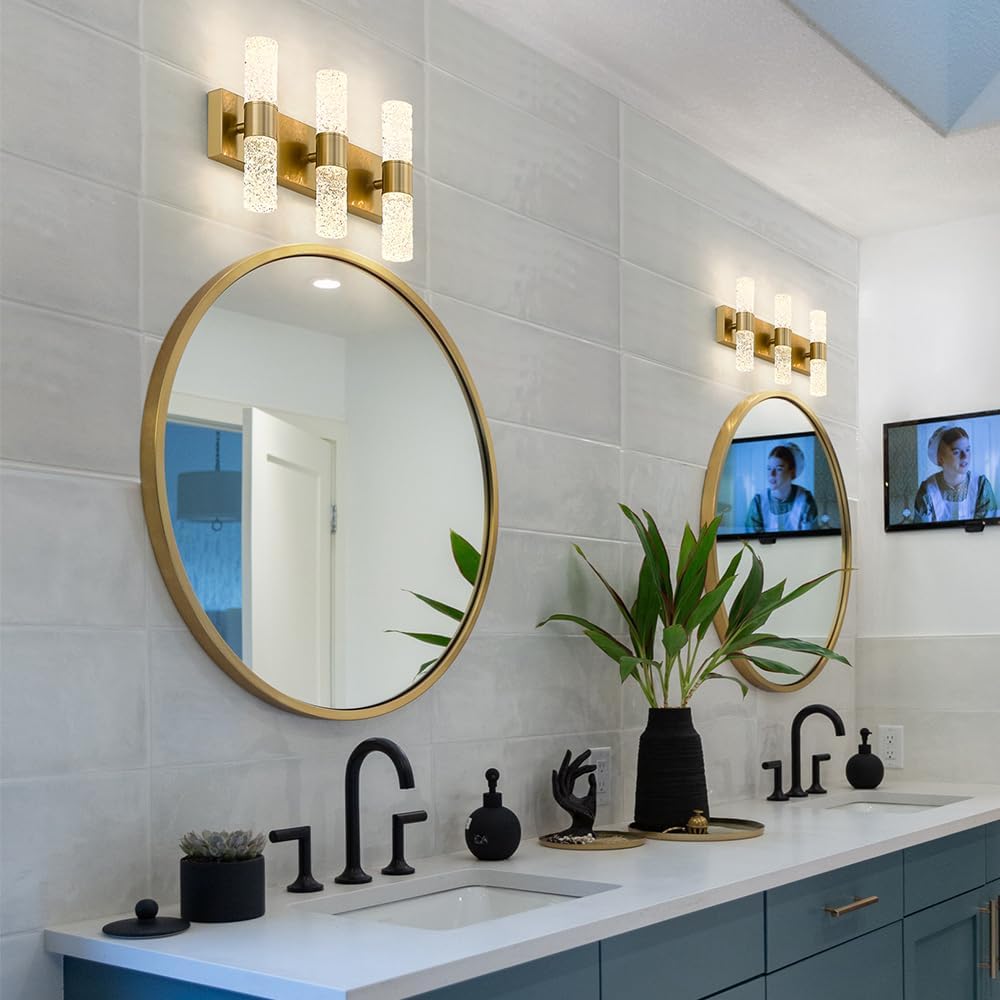Gold Bathroom Light Fixture, Modern Brushed Vanity Light with Crystal, 6 Light Bathroom Vanity Light Fixtures Over Mirror, 27w LED Hardwired Wall Sconce, Warm White