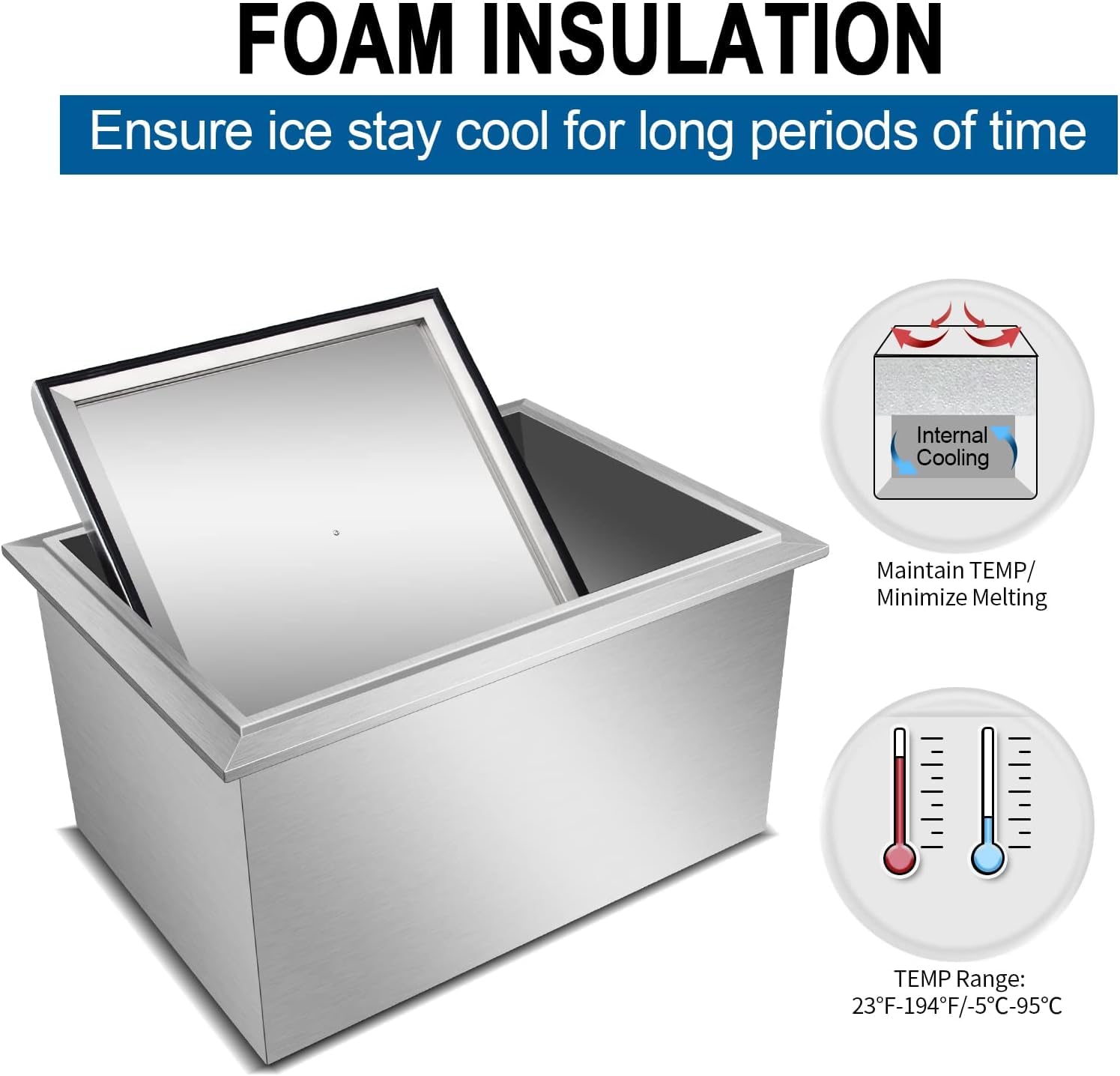 Drop in Ice Chest, Outdoor 304 Stainless Steel Built-in Ice Bucket, Ice Bin Cooler with Cover Including Drain-Pipe & Drain Plug Lid for Cold Wine Beer,23''L X 17''W X 13''H