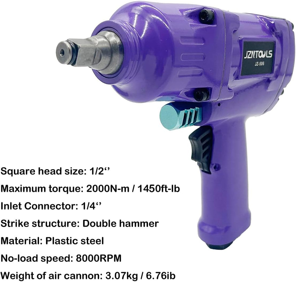 1/2-Inch Aluminum Air Impact Wrench - High Torque 1450 ft-lbs - Heavy Duty Twin Hammer，8-Piece CR-V Steel Impact Socket Set ，Heavy Duty Pneumatic Impact Wrenches for Automotive Repair