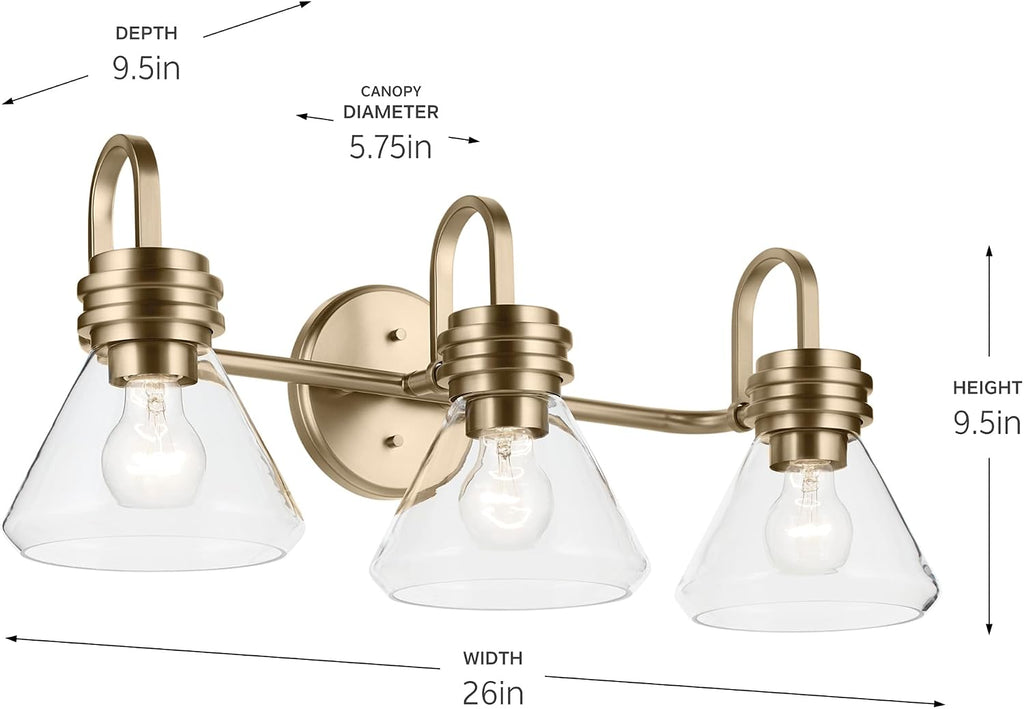 Kichler Farum 26' 3-Light Bathroom Vanity Light Fixture with Clear Glass in Champagne Bronze for Over Mirror, Modern Wall Mount Lighting (26' W x 9.5' H), 55155CPZCLR