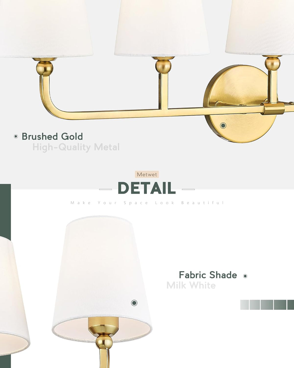 Bathroom Light Fixtures, 5 Light Brushed Gold Vanity Lights with Flared White Fabric Shade, 35 Inch Wall Sconce, Modern Sconces Wall Lighting for Hallway Bedroom, VL837-BG-5
