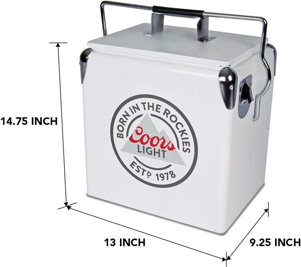 Coors Light Ice Chest Cooler - Portable Ice Bucket with Bottle Opener, Vintage Style, Insulated for Camping, Beach, Picnic, RV, BBQs, Tailgating, Fishing, Steel-Belted 18 Can Ice Box, 13L (14 qt)