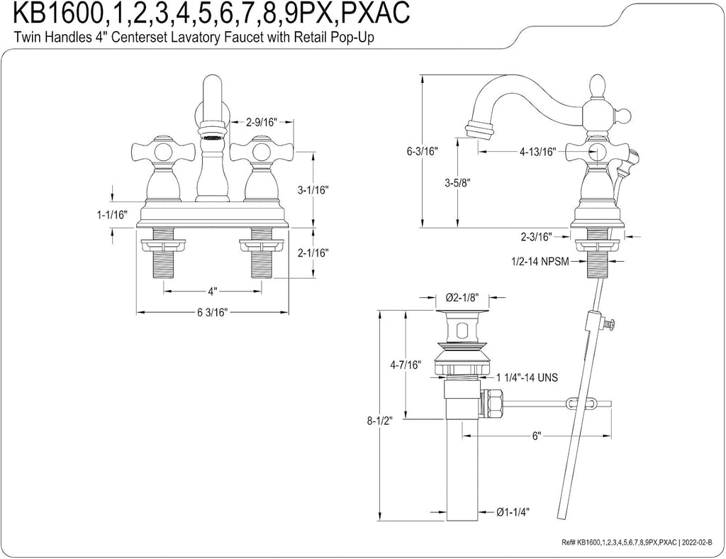 Kingston Brass KB1606PX Heritage 4 in. Centerset Bathroom Faucet, Polished Nickel