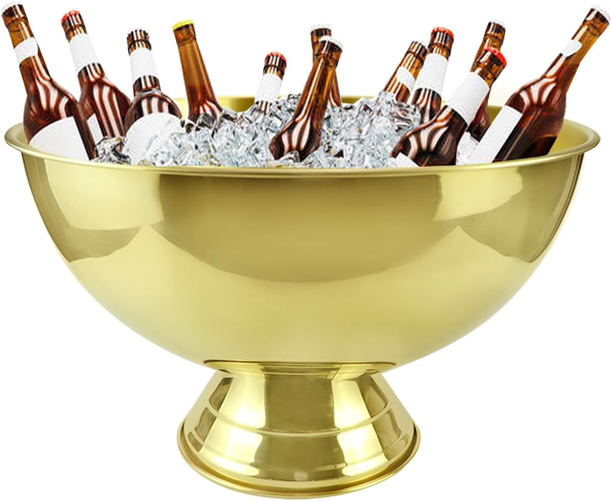 3 Gallon 12L Stainless Steel Beverage Tub Insulated Ice Bucket Metal Champagne Bowl with Base Large Size Ice Bowl for Wine Beer Home Bar Parties（Gold）