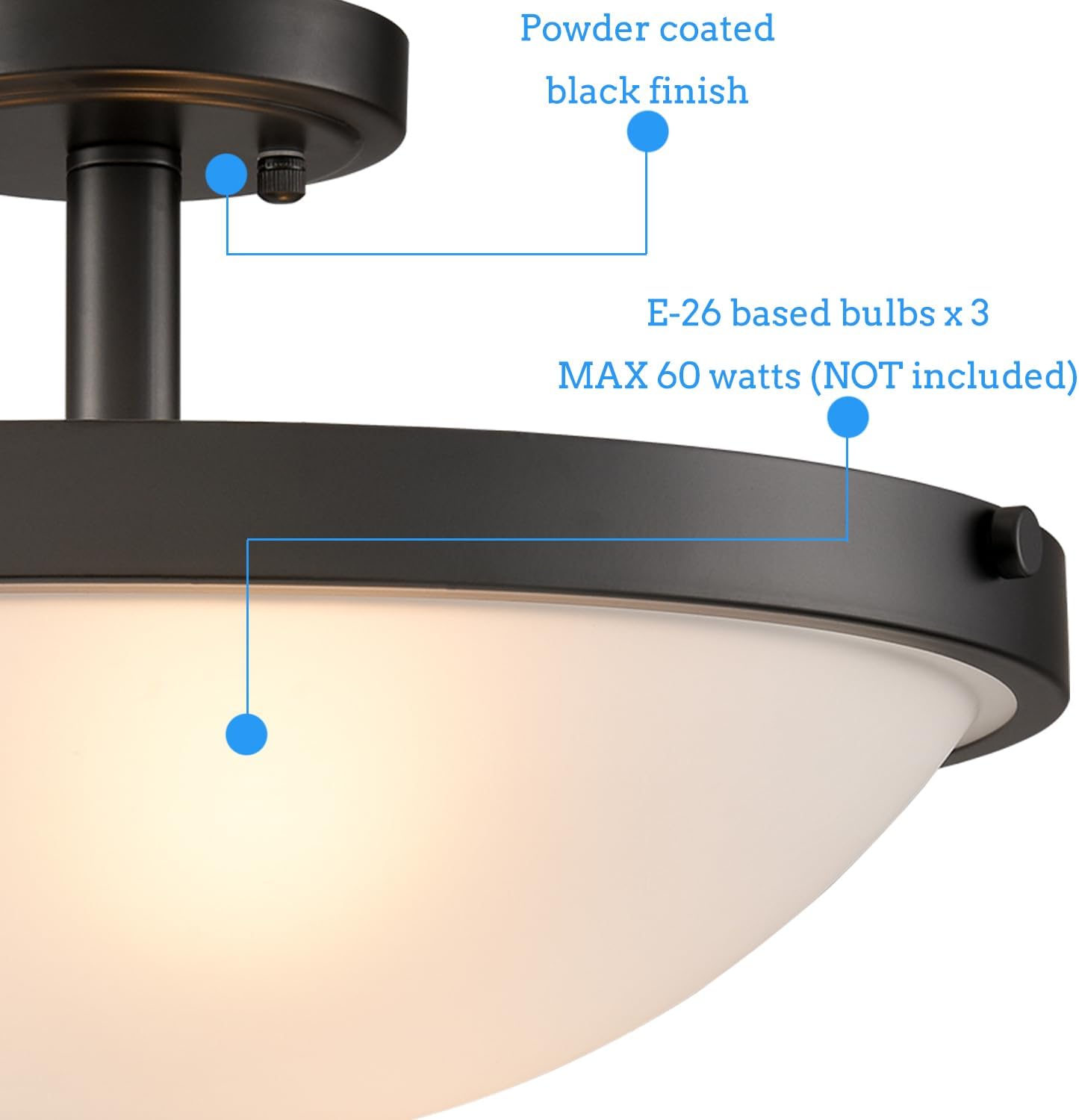 SAMTEEN Farmhouse Black Semi Flush Mount Ceiling Light Modern 3-Light Frosted Glass Ceiling Light Fixtures Matte Black Flush Mount Light for Hallway Bedroom Kitchen Bathroom, 16-Inch