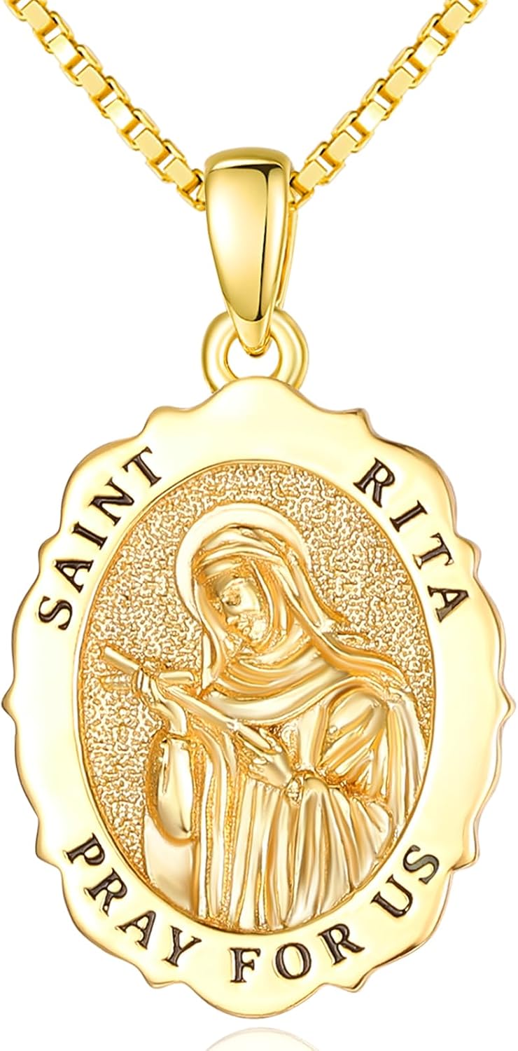 14K Gold Saint Medal Necklace for Women, Catholic Patron Saint Pendant Necklace, Christian Religious Jewelry Gift for Confirmation Baptism Communion Christmas Birthday