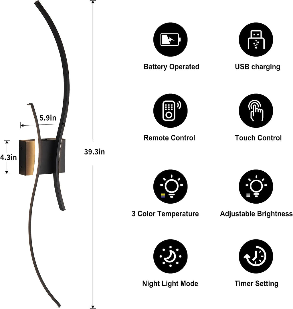 Battery Operated Wall Sconces Set of Two with Remote Control, Battery Wall Light, Stepless Colors 3000K-6000K & Dimming, Black Rechargeable Wall Sconces for Living Room, Hallway, Bedroom, 39.3 Inch