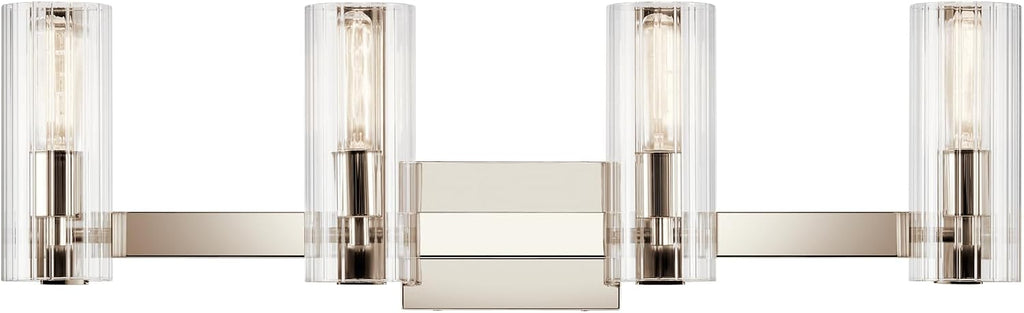 Kichler Jemsa 4-Light Bathroom Vanity Light Fixture with Clear Fluted Glass in Polished Nickel, Modern Wall Mount Light for Bathroom Over Mirror (9.75' x 32'), 55169PN