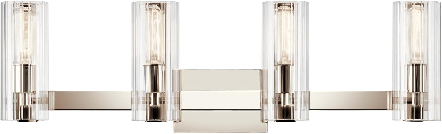 Kichler Jemsa 4-Light Bathroom Vanity Light Fixture with Clear Fluted Glass in Polished Nickel, Modern Wall Mount Light for Bathroom Over Mirror (9.75' x 32'), 55169PN