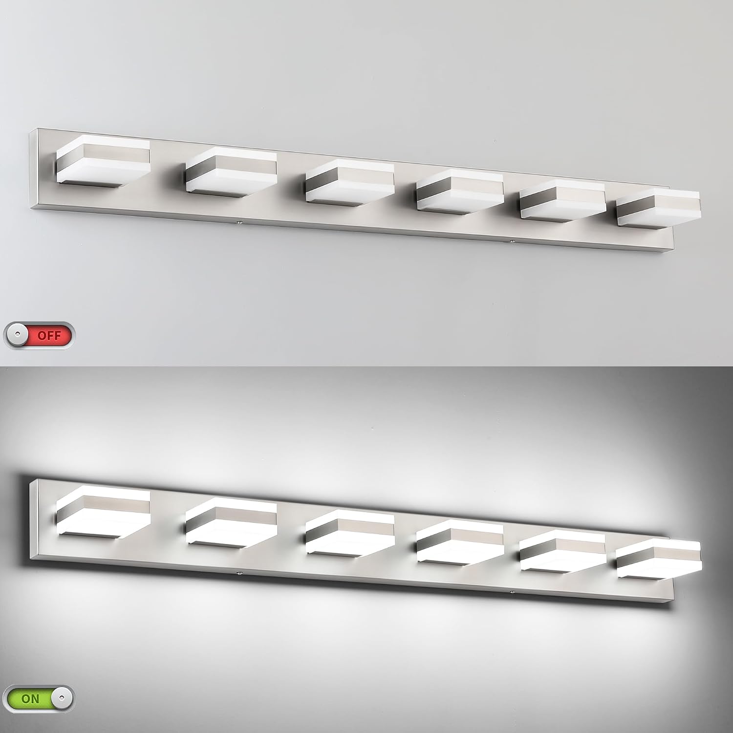 SOLFART LED Modern Bathroom Vanity Lights Over Mirror, Brushed Nickel Vanity Light Fixture 6 Light, LED Nickel Bathroom Lights Cool Light 6000K