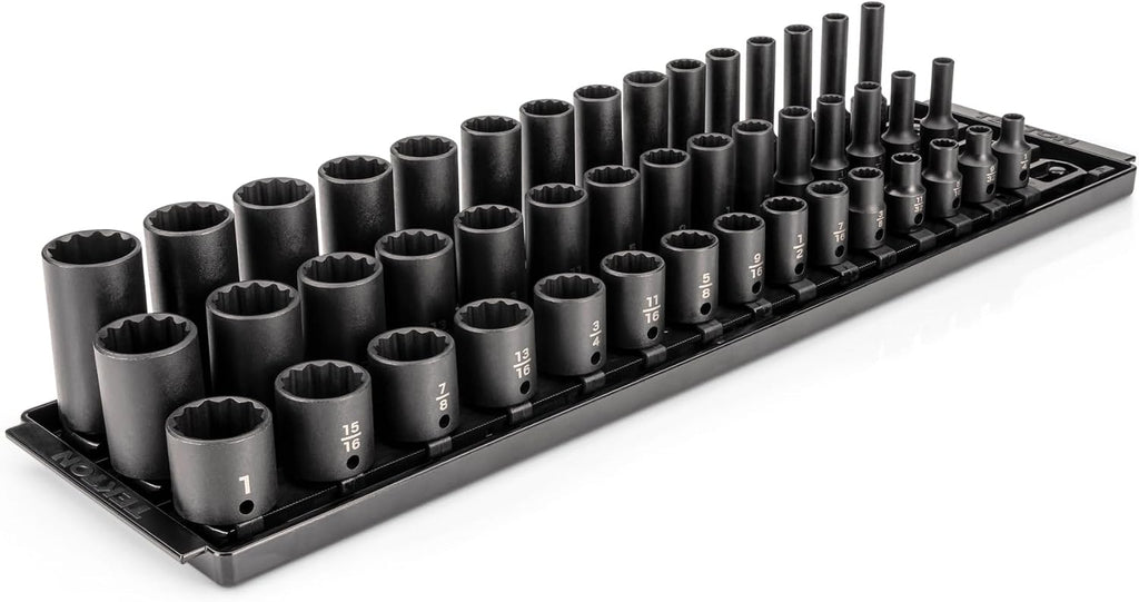 TEKTON 3/8 Inch Drive Shallow, Semi-Deep, and Deep 12-Point Impact Socket Set with Rails and Trays, 45-Piece (1/4-1 in.) | SID91124