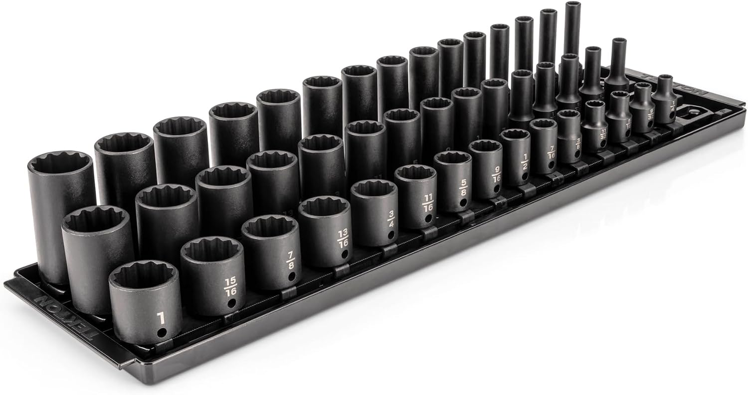 TEKTON 3/8 Inch Drive Shallow, Semi-Deep, and Deep 12-Point Impact Socket Set with Rails and Trays, 45-Piece (1/4-1 in.) | SID91124